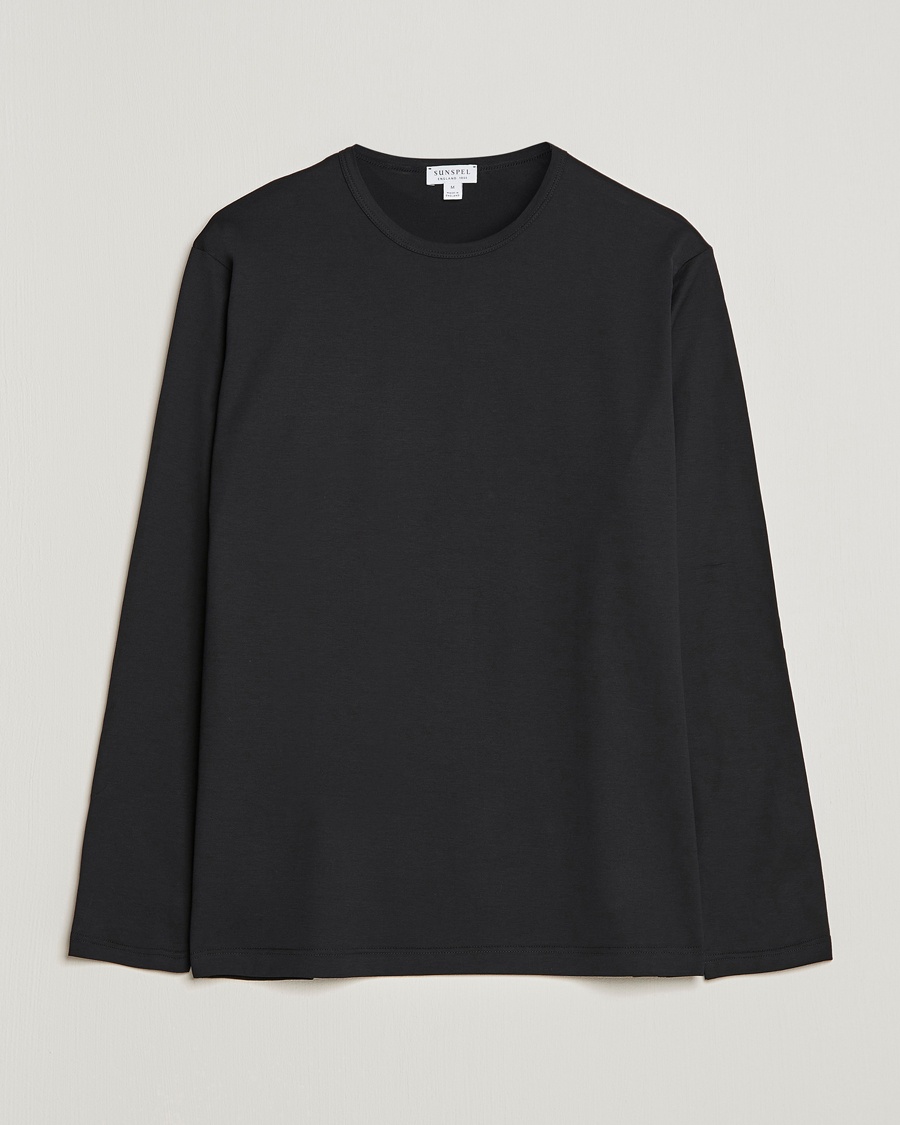 Sunspel Long Sleeve Crew Neck Cotton Tee Black – Zwart