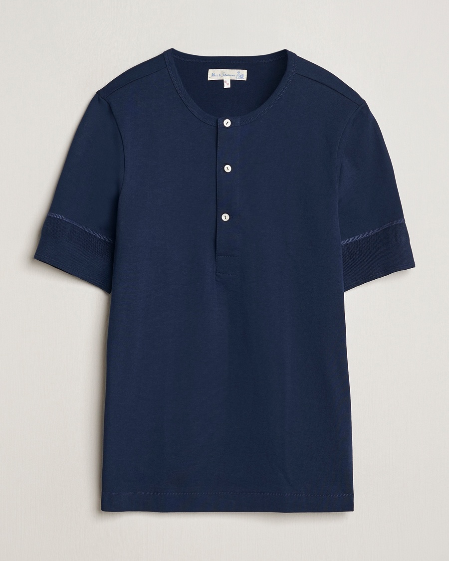 Heren | Heritage Corner | Merz b. Schwanen | Short Sleeve Organic Cotton Henley Ink Blue