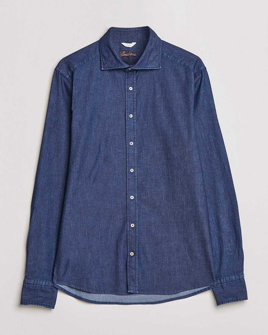 Stenströms Slimline Garment Washed Shirt Dark Denim – Blauw