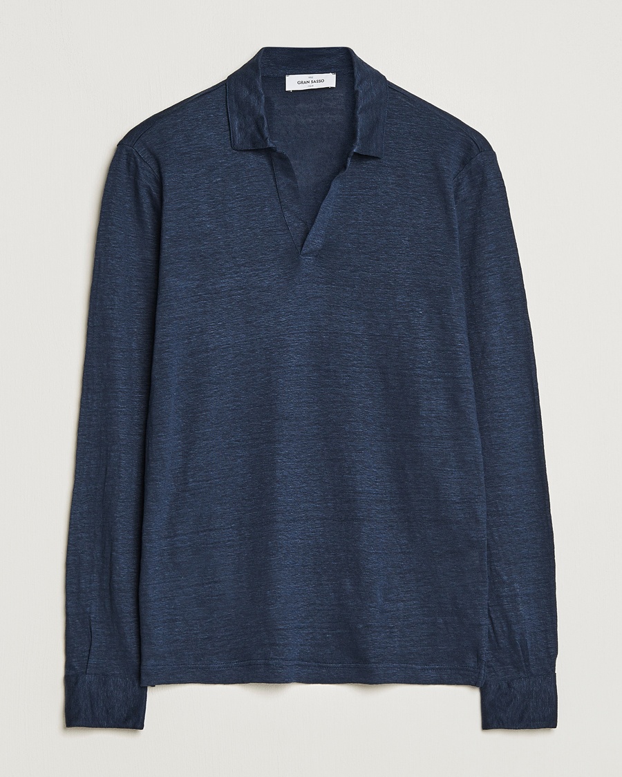 Gran Sasso Washed Linen Long Sleeve Polo Navy Melange – Bleu