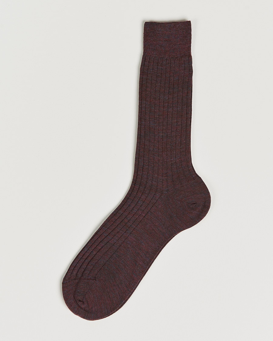 Bresciani Wool/Nylon Ribbed Short Socks Wine Melange – Rood