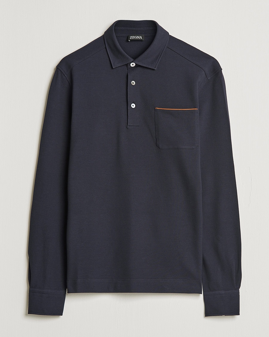 Zegna Long Sleeve Cotton Piquet Polo Navy – Bleu