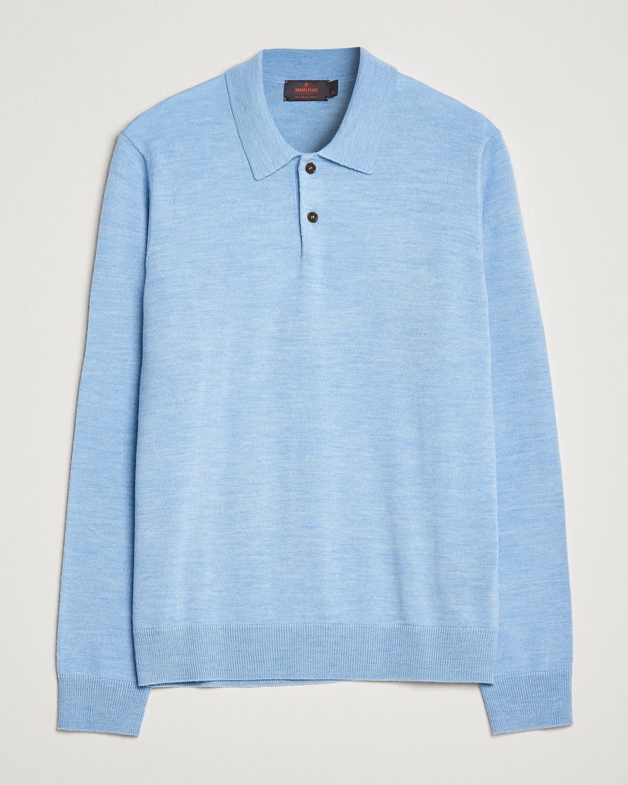 Morris Merino Knitted Polo Light Blue – Blauw
