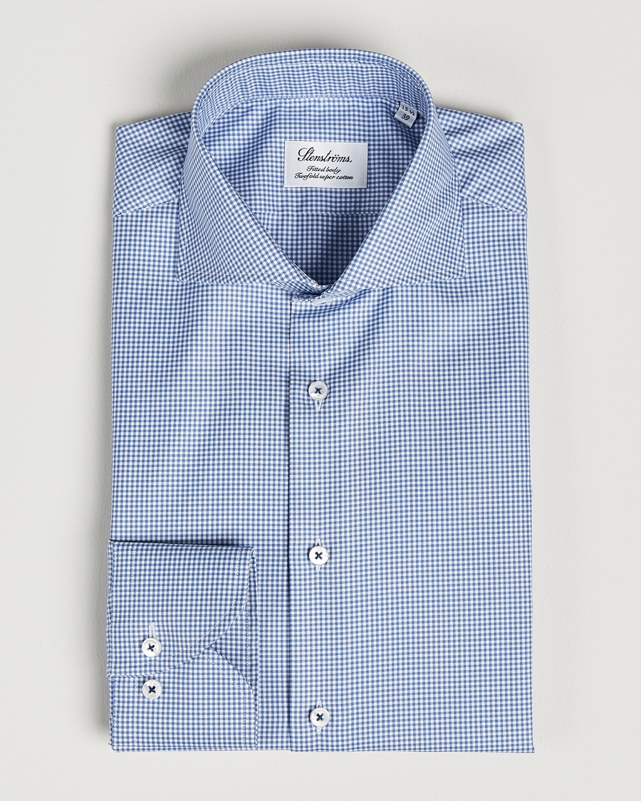 Homme | | Stenströms | Fitted Body Small Check Cut Away Shirt Blue