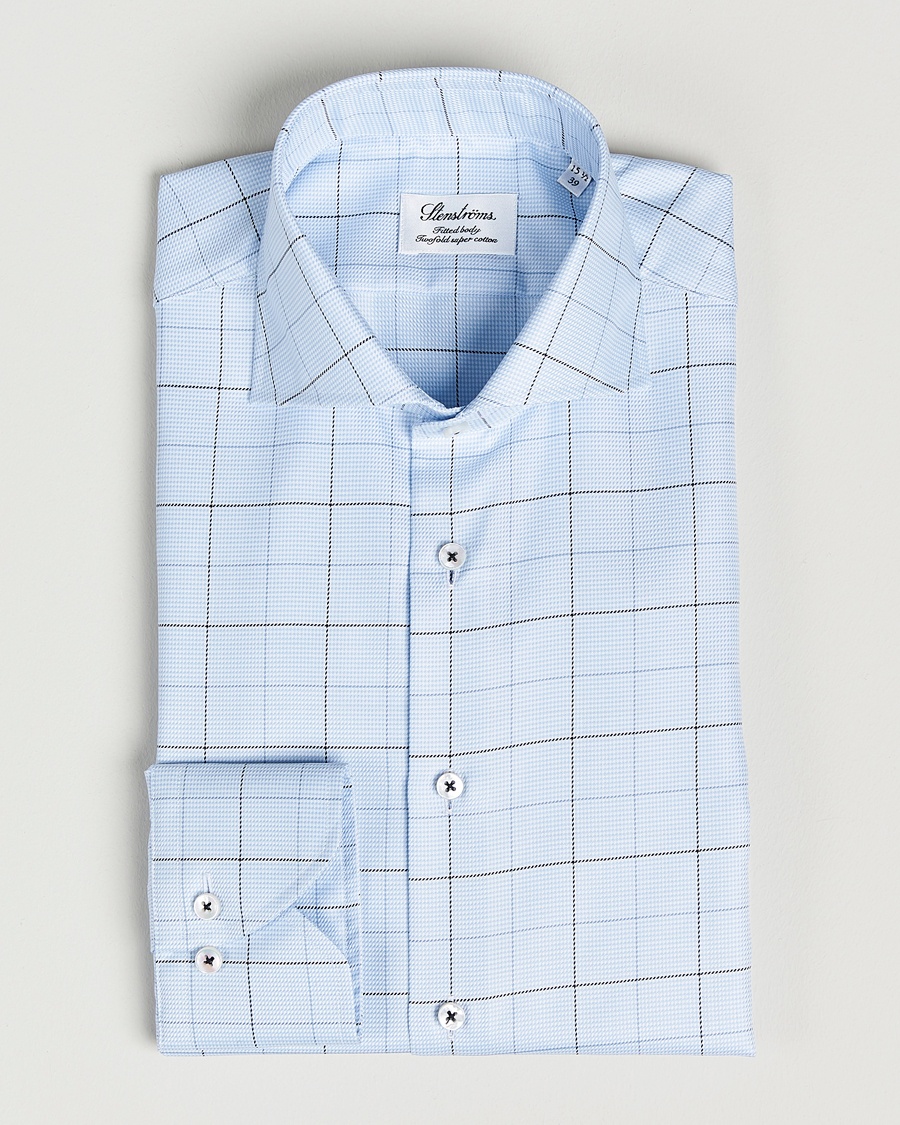 Homme | | Stenströms | Fitted Body Cut Away Windowpane Shirt Blue