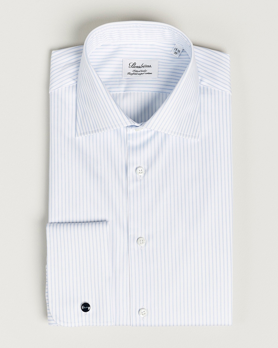 Homme | | Stenströms | Fitted Body Cotton Double Cuff Shirt White/Blue