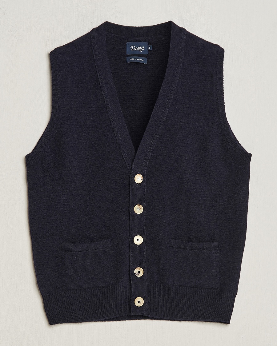 Drake's Lambswool Vest Cardigan Navy – Blauw