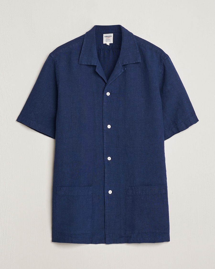 Kamakura Shirts Heavy Linen Beach Shirt Navy – Blauw