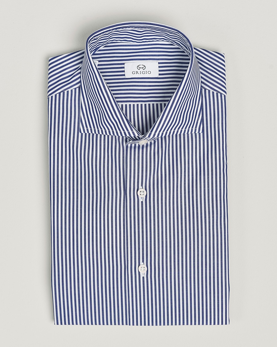 Homme | | Grigio | Cotton Poplin Dress Shirt Blue Stripe