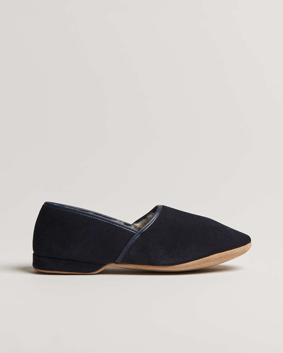Derek Rose Crawford Sheepskin Suede Slippers Navy – Bleu