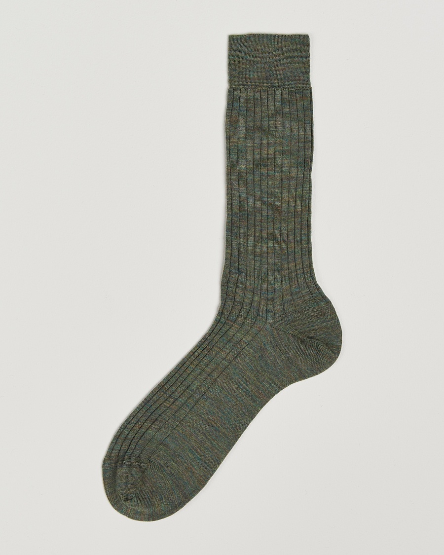 Bresciani Wool/Nylon Ribbed Short Socks Green Melange – Vert