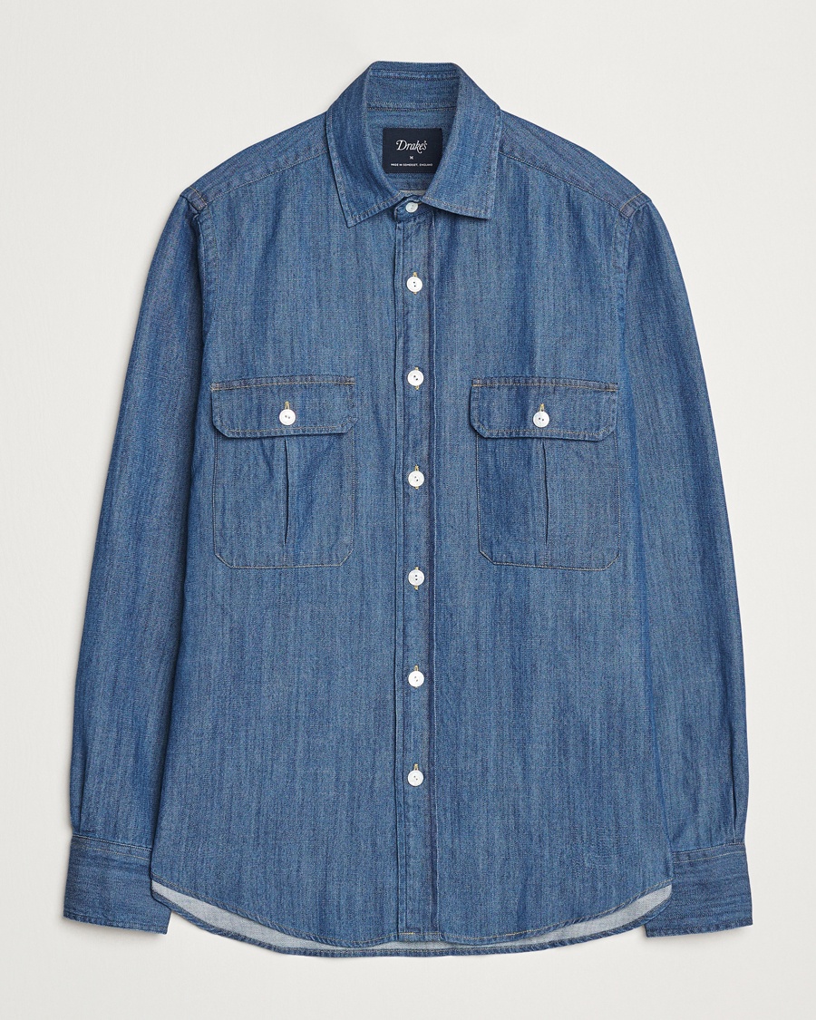 Drake's Denim Cotton Two Pocket Work Shirt Blue – Bleu