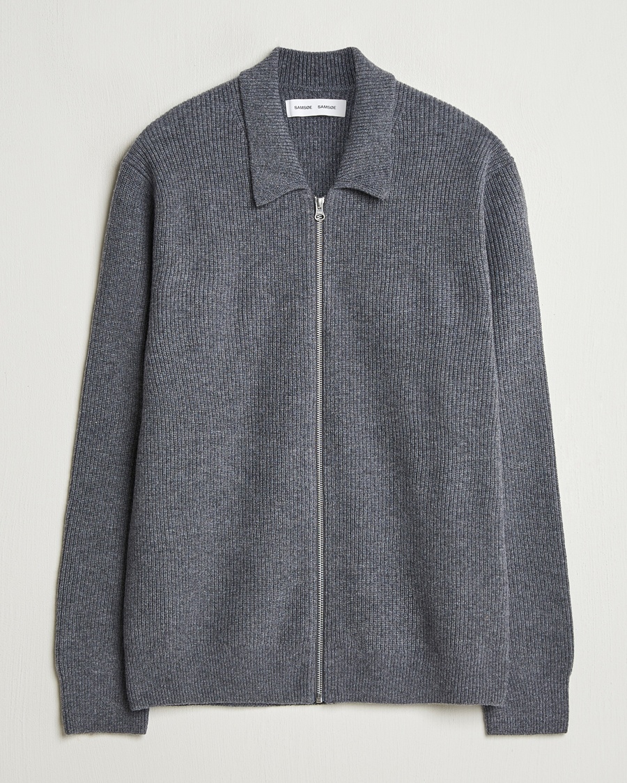 Heren | Loyaliteitsaanbieding | Samsøe Samsøe | Saisaks Merino Rib Knitted Full Zip Charcoal