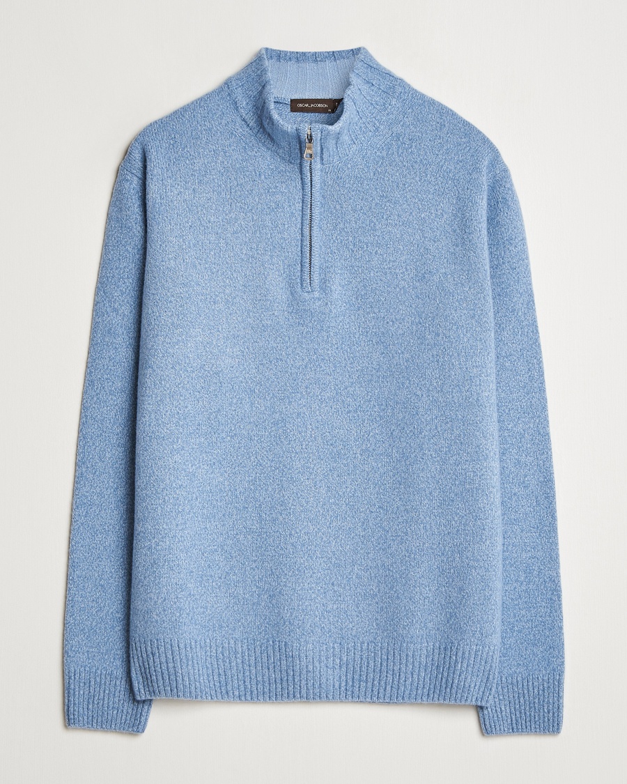 Homme | Half-zip | Oscar Jacobson | Paul Wool/Cashmere Melange Half Zip Light Blue