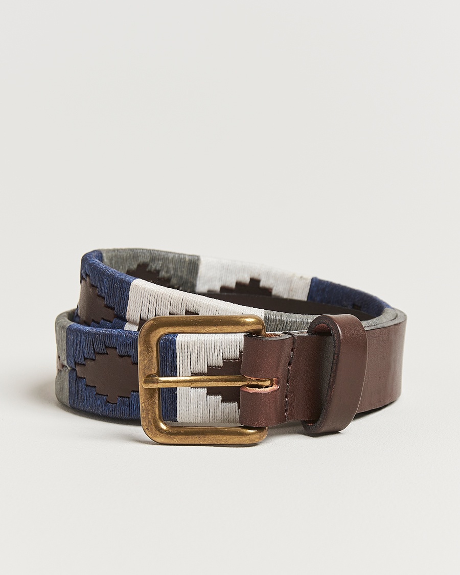 Pampeano Roca Hand Stitched Classic Leather Belt 3,5cm Blue/Grey/White – Marron