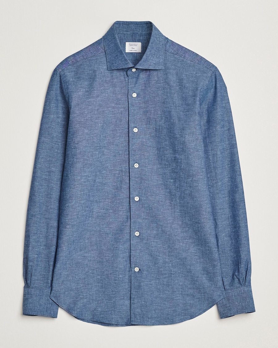 Homme | Chemises En Lin | Mazzarelli | Soft Linen Cut Away Shirt Dark Blue