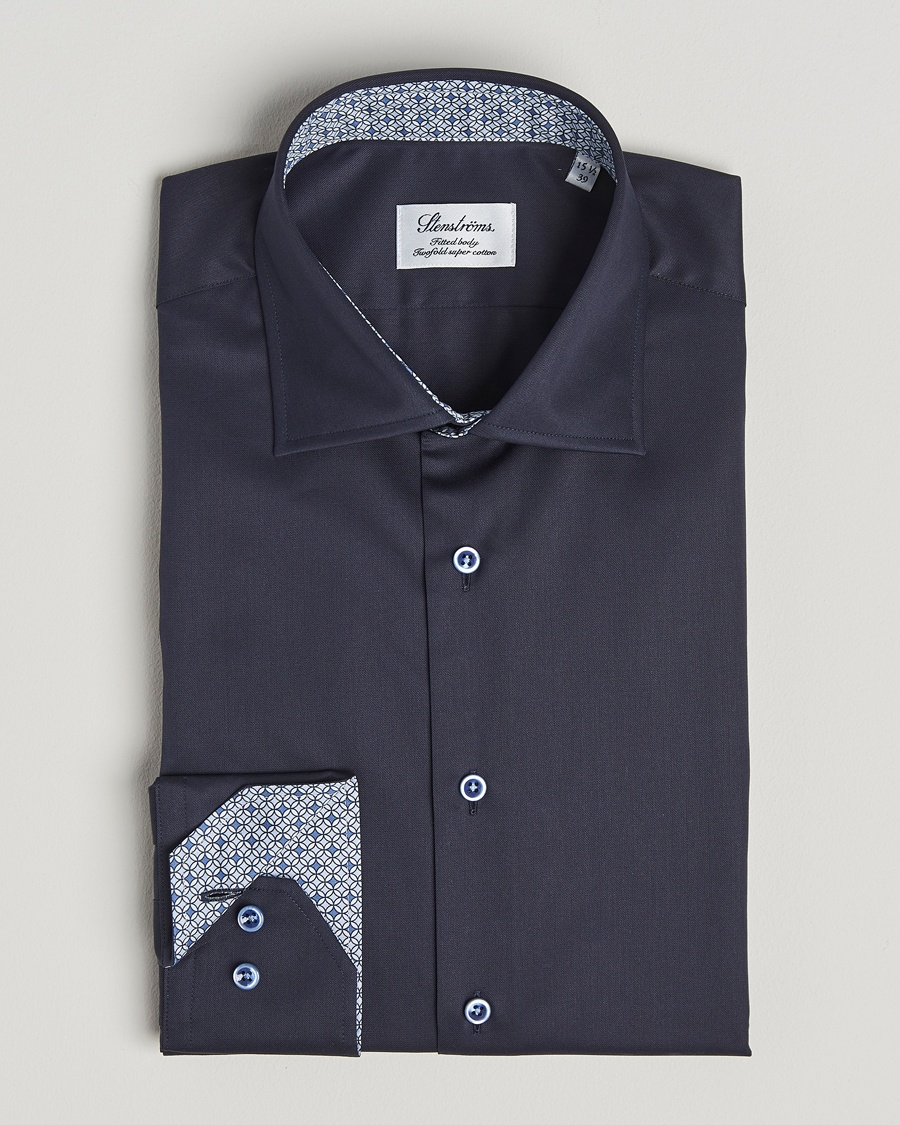 Homme | | Stenströms | Fitted Body Contrast Cotton Twill Shirt Navy
