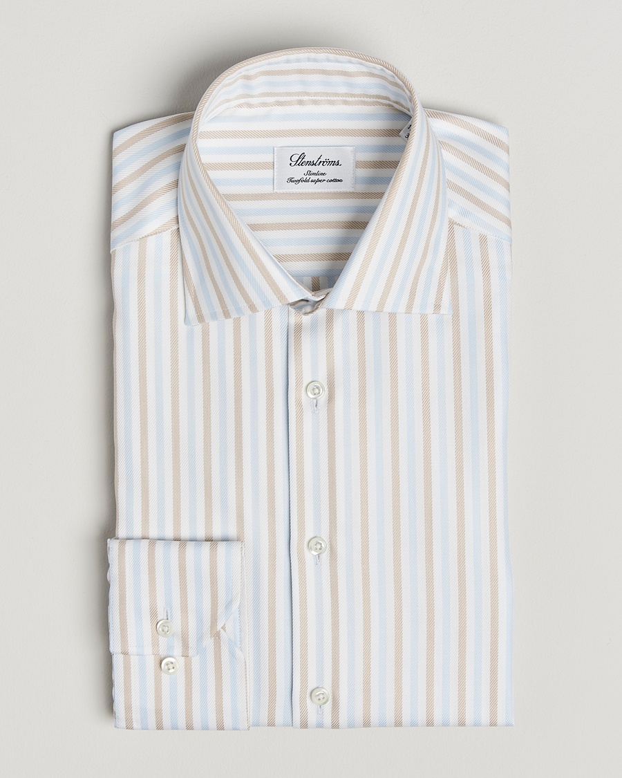 Homme | | Stenströms | Slimline Multi Striped Twill Shirt Blue/Beige