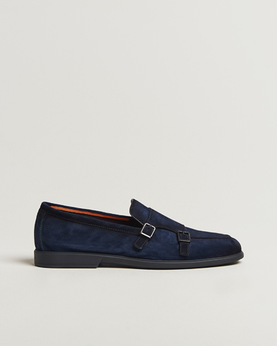 Heren | Instappers | Santoni | Malibu Double Buckle Loafers Navy Suede