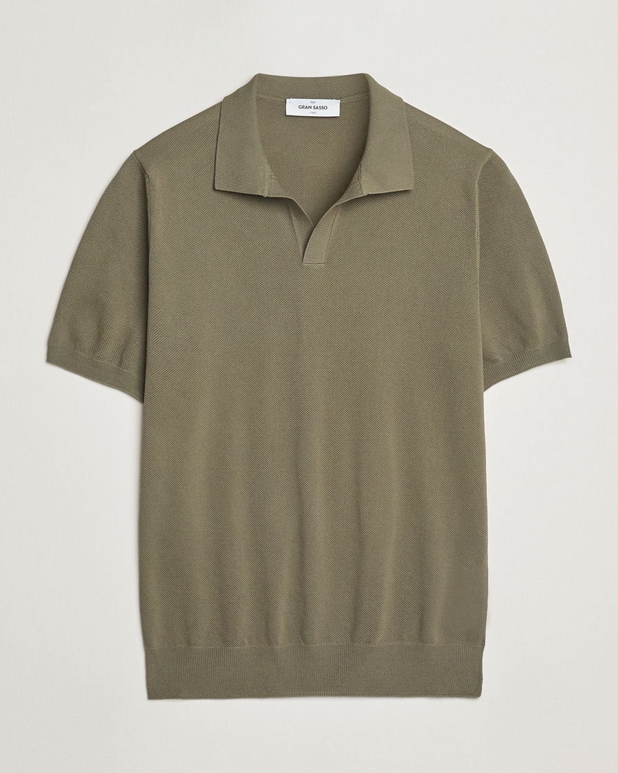 Heren | | Gran Sasso | Cotton Structured Knitted Open Collar Polo Olive