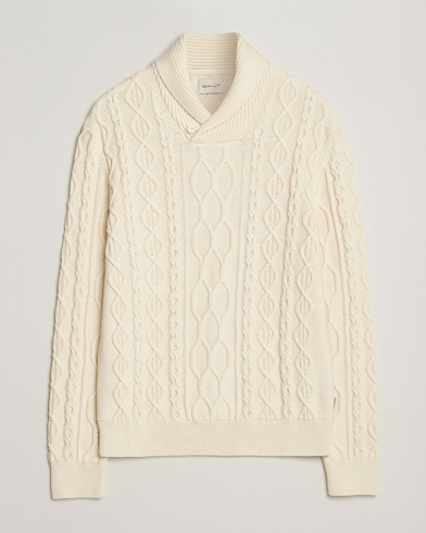 GANT Cable Shawl Collar Knitted Sweater Cream – Wit