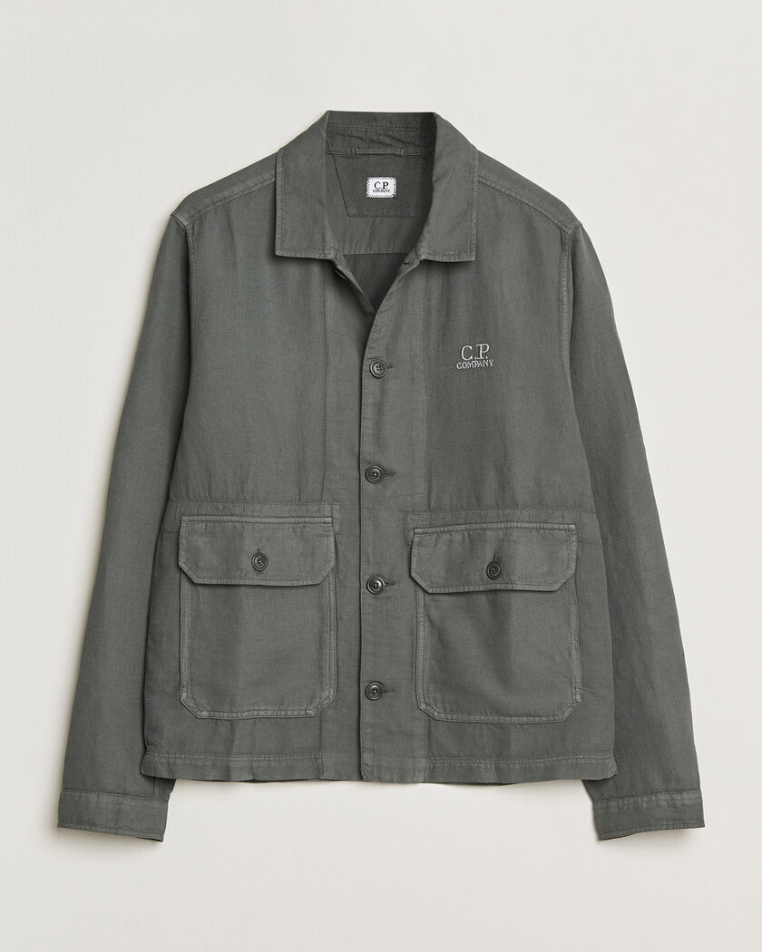 C.P. Company Broken Twill Linen/Cotton Overshirt Olive – Groen