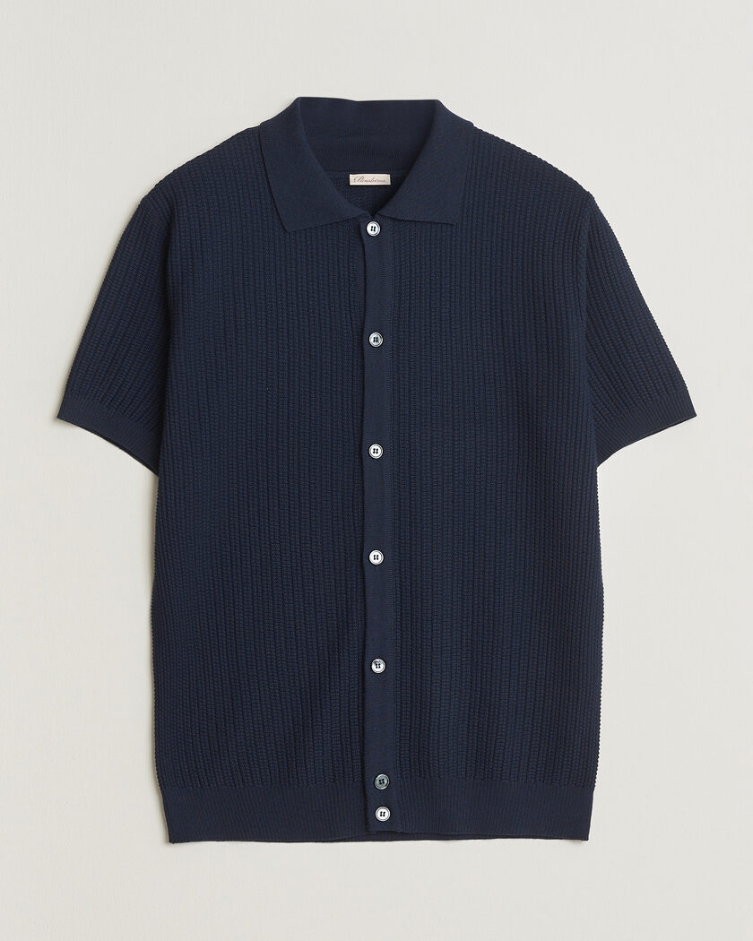 Stenströms Knitted Buttonthru Merino Polo Shirt Navy – Bleu