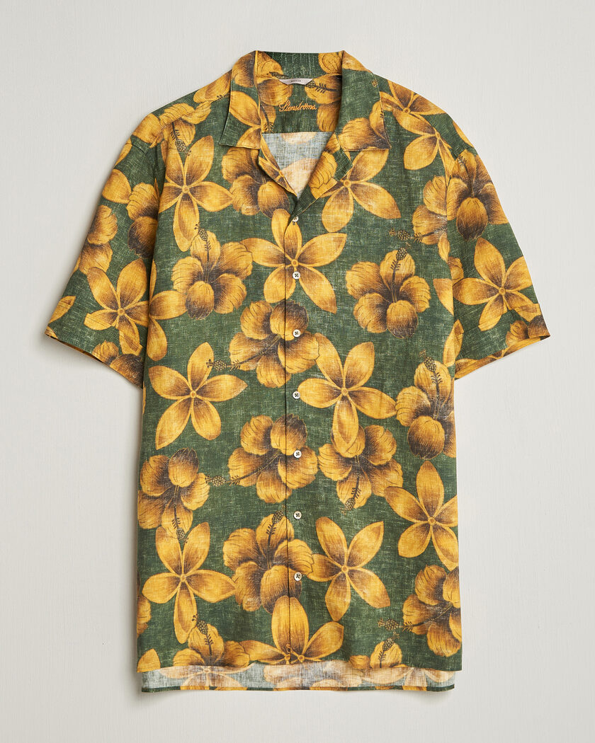 Stenströms Flower Printed Short Sleeve Linen Shirt Green – Groen