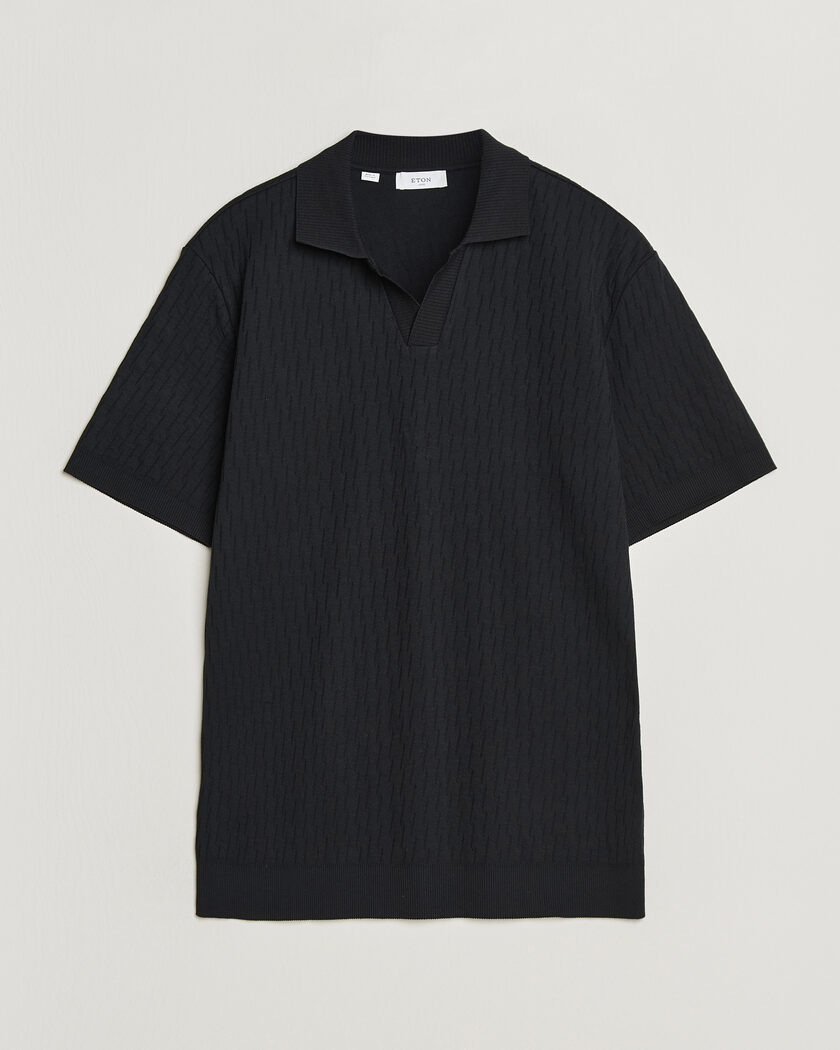 Eton Open Collar Jacquard Polo Black – Noir