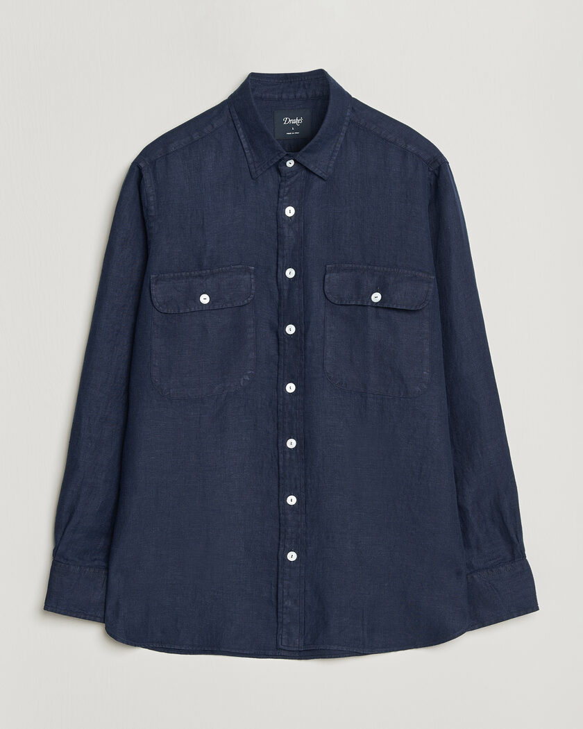 Drake's Linen Twill Deep Pocket Work Shirt Navy – Blauw