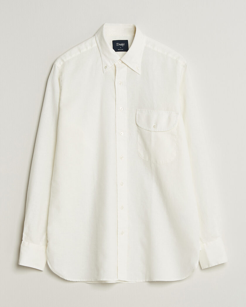 Drake's Linen Button Down Curved Pocket Shirt White – Wit
