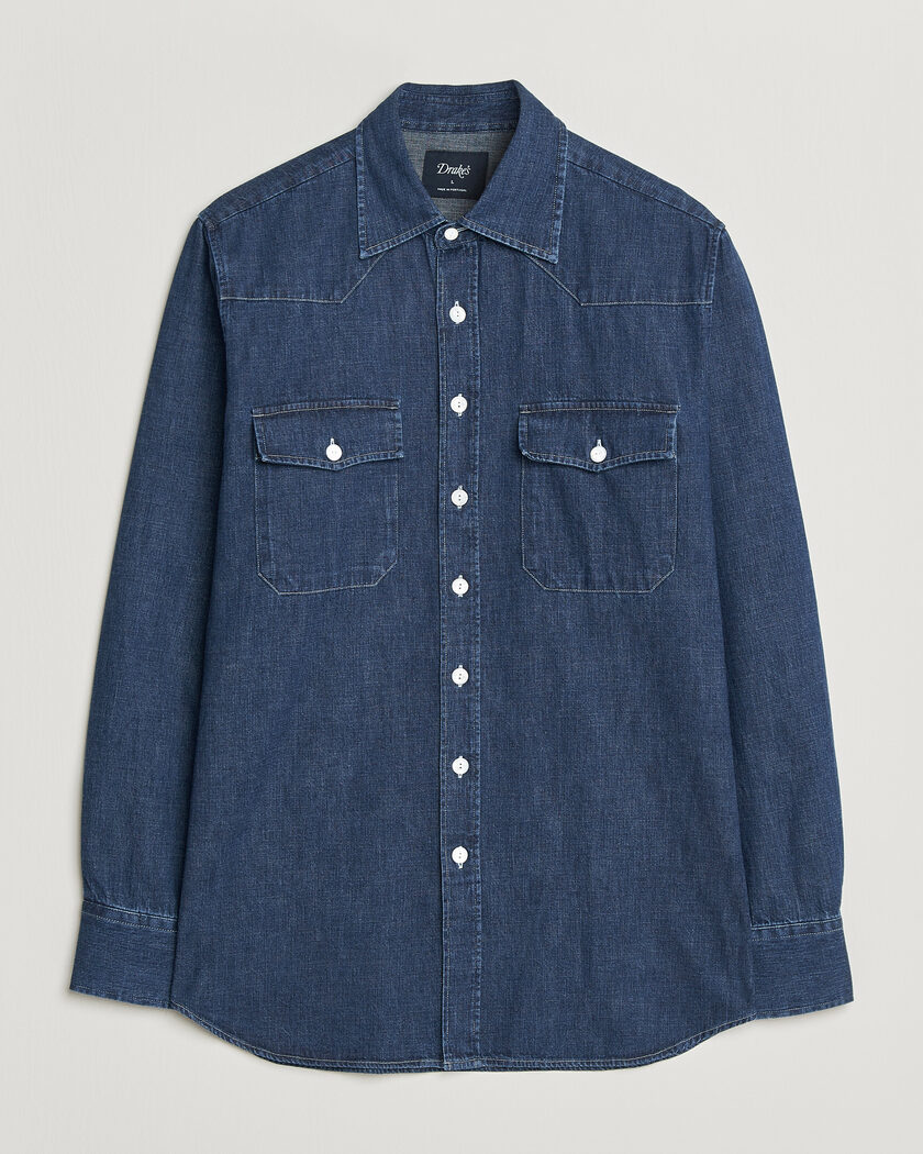 Drake's Light Denim Western Shirt Stone Wash – Blauw