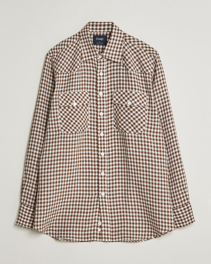 Drake's Linen Gingham Western Shirt Brown/White – Marron