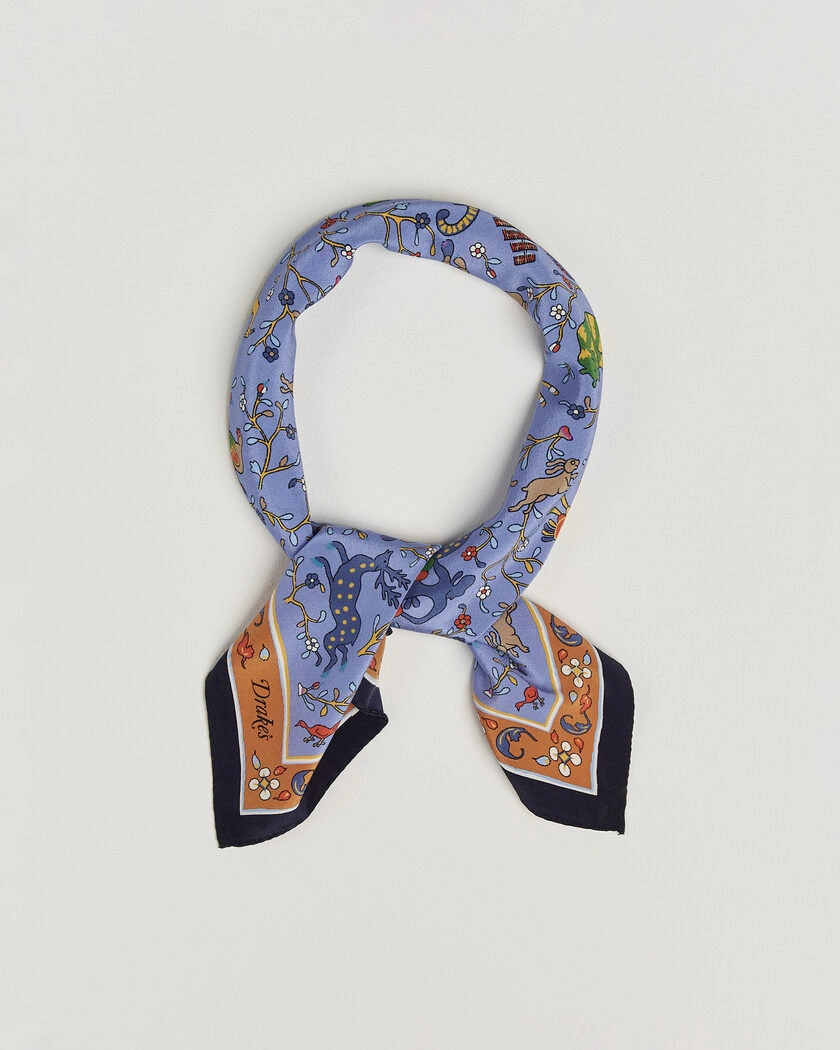 Drake's Animals And Flowers Print Crepe Silk Bandana Navy – Blauw
