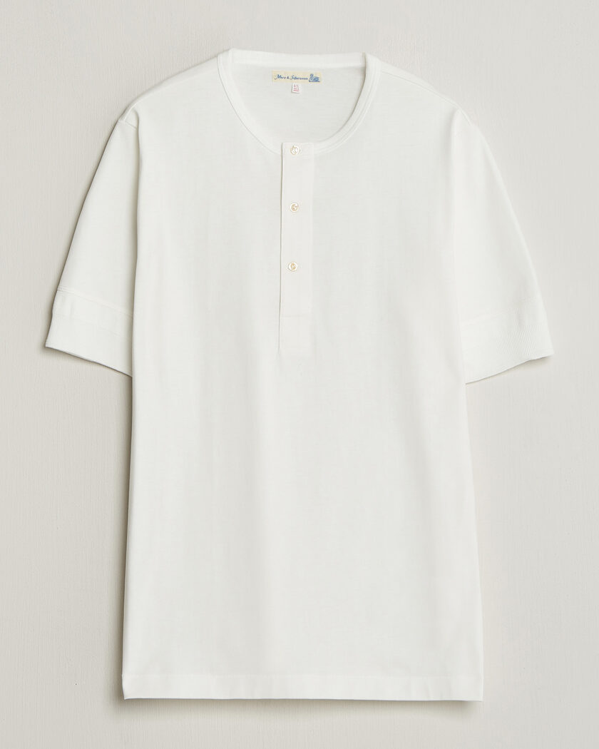Merz b. Schwanen Classic Organic Cotton Short Sleeve Henley White – Blanc