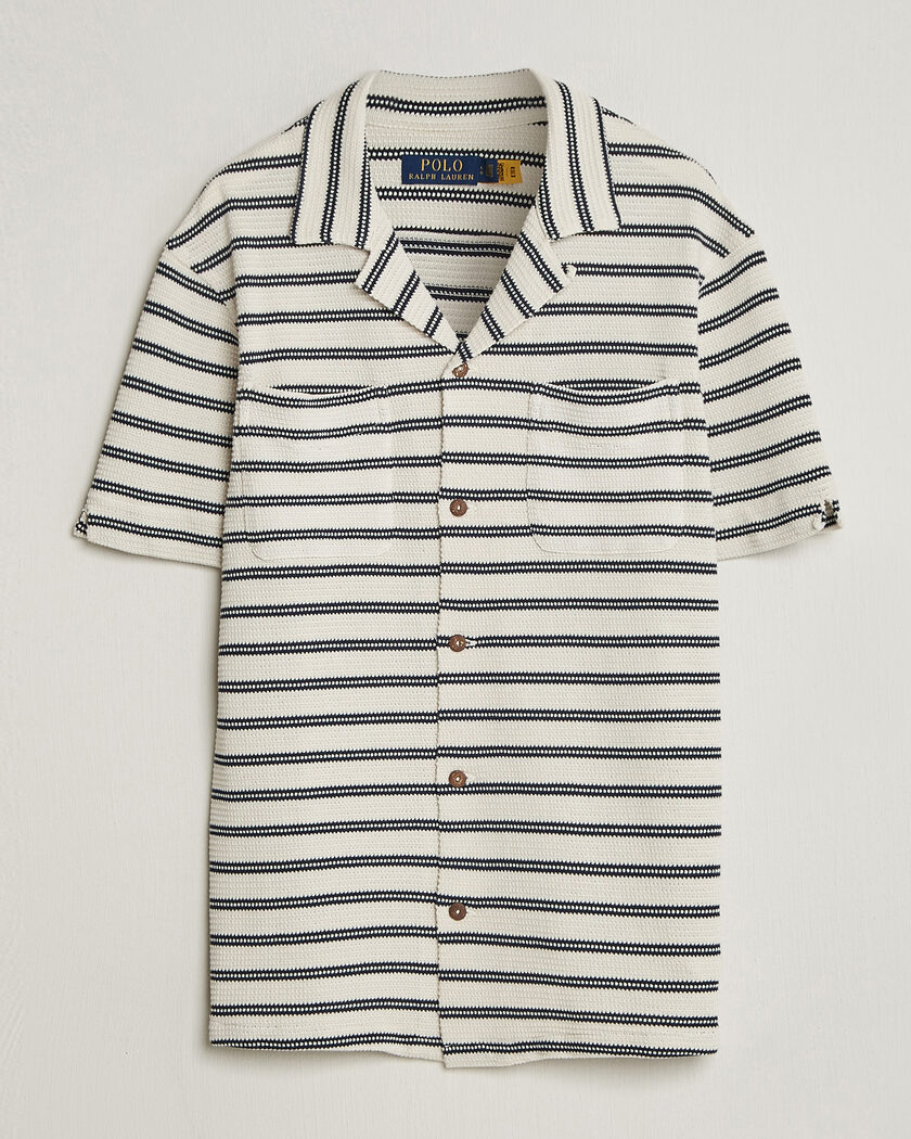 Polo Ralph Lauren Knitted Camp Shirt Pale Cream/Newport Navy – Blauw
