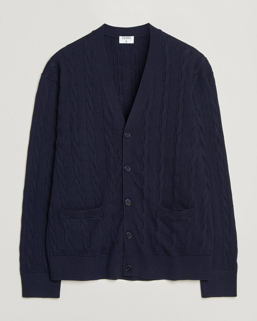 Filippa K Cotton/Merino Cable Cardigan Navy – Bleu