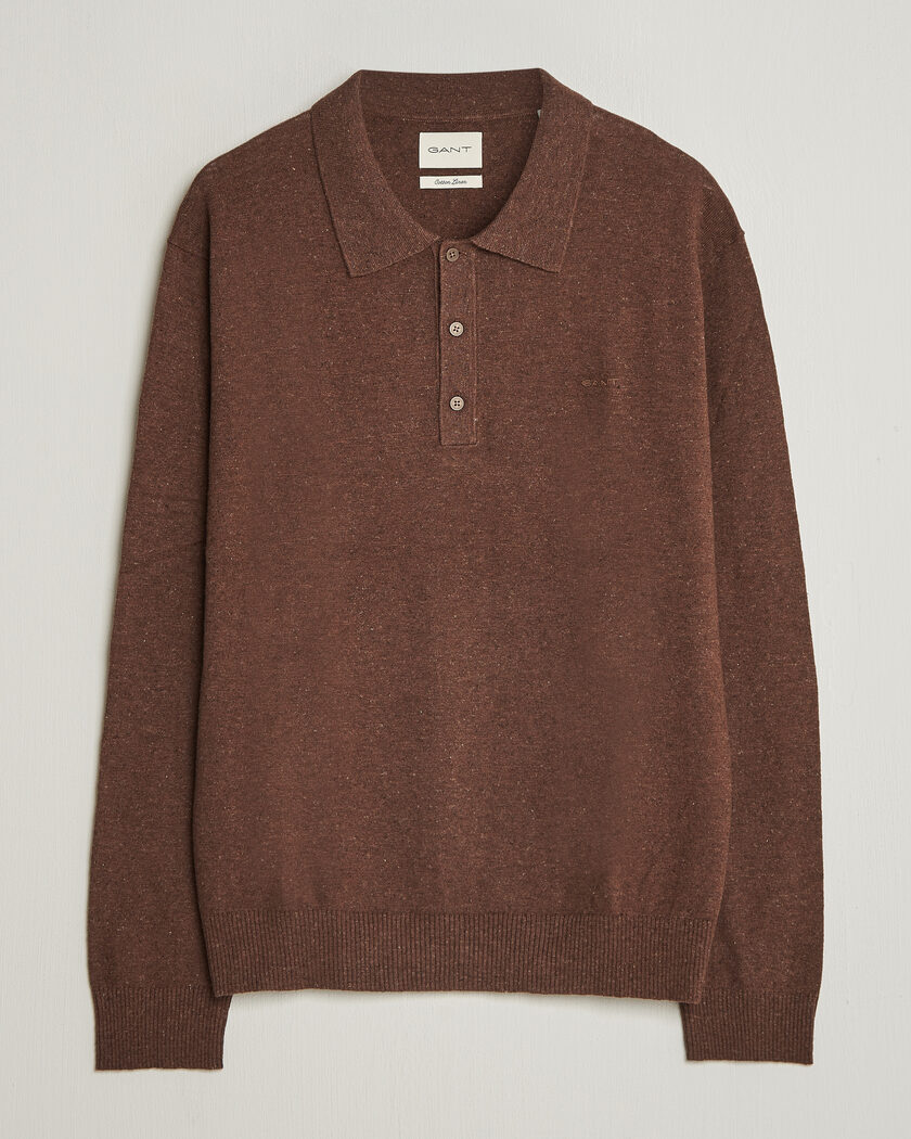 GANT Cotton/Linen Slub Knitted Polo Hazelnut Melange – Bruin