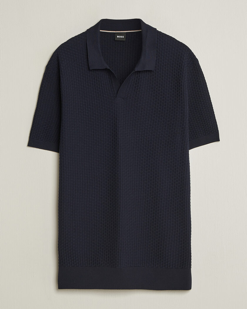BOSS BLACK Natalo Structured Knitted Polo Dark Blue – Blauw