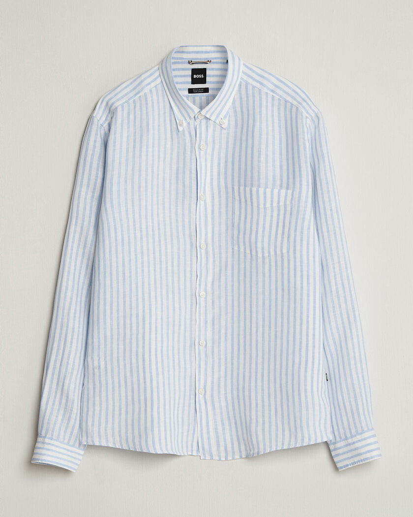 BOSS BLACK Liam Striped Linen Shirt Light Blue – Blauw