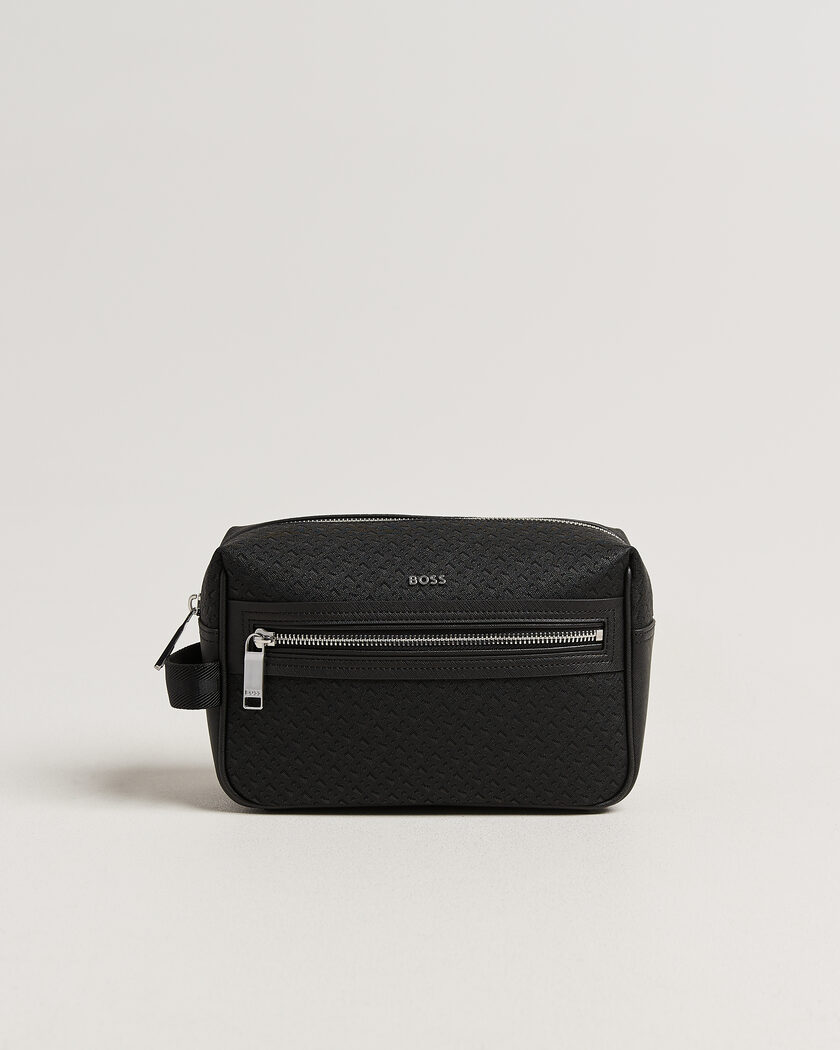 BOSS BLACK Daxter Monogram Leather Washbag Black – Zwart