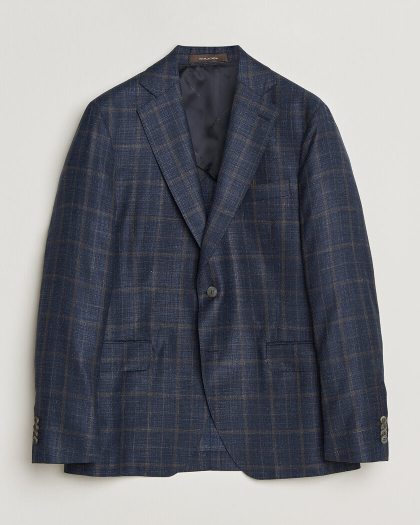 Oscar Jacobson Ferry Patch Loro Piana Summertime Checked Blazer Navy – Bleu