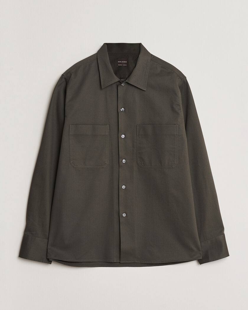 Oscar Jacobson Straight Fit Bowling Collar Cotton Shirt Olive – Vert