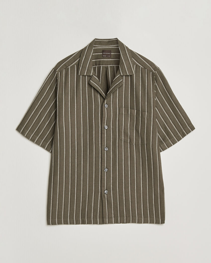 Oscar Jacobson Reg Fit Cuban Herringbone Short Sleeve Shirt Green – Groen