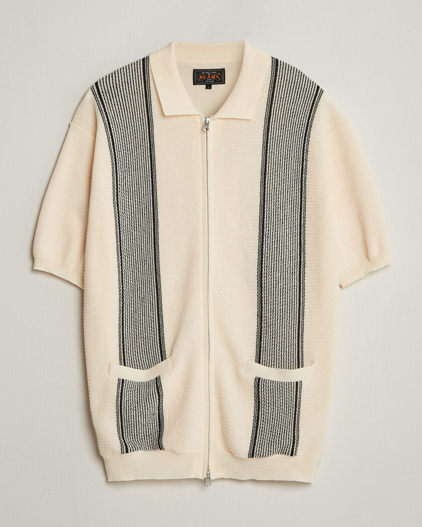 BEAMS PLUS Zip Knit Striped Polo Off White – Blanc