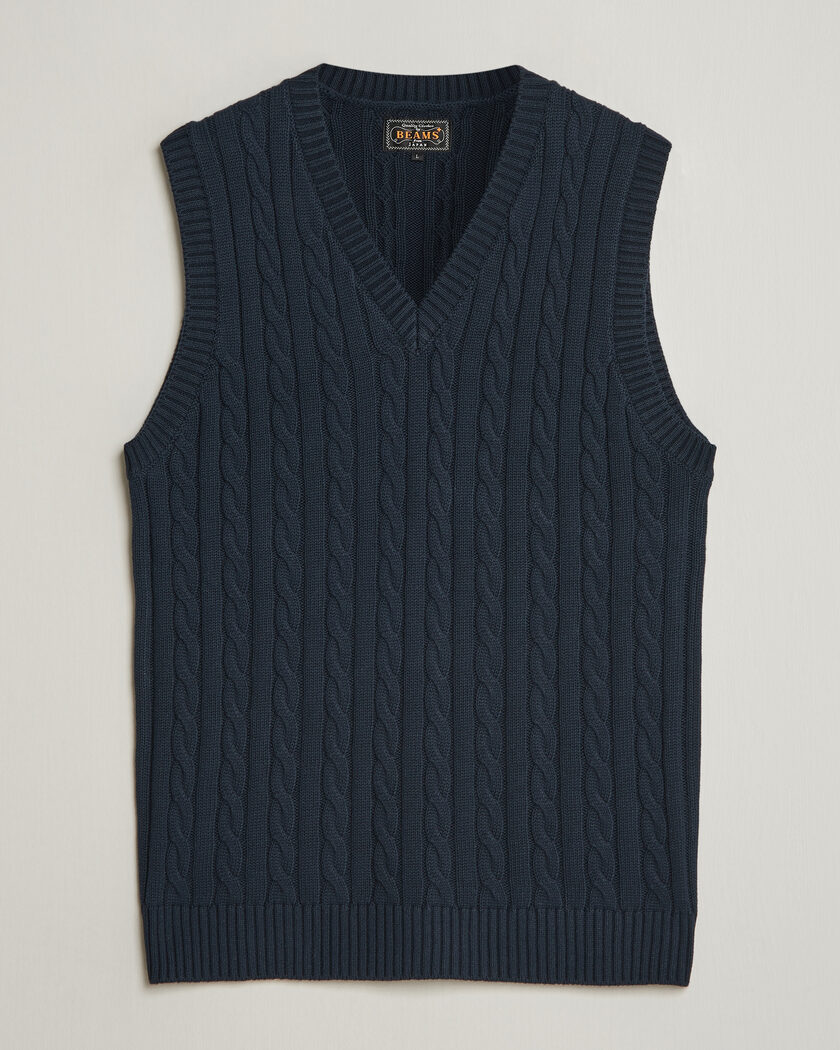 BEAMS PLUS Cable Knit Vest Navy – Blauw