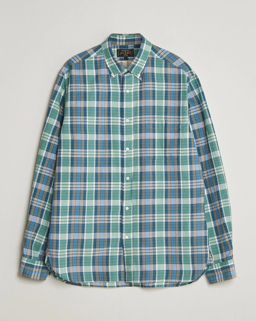 BEAMS PLUS Madras Button Down Shirt Blue – Bleu
