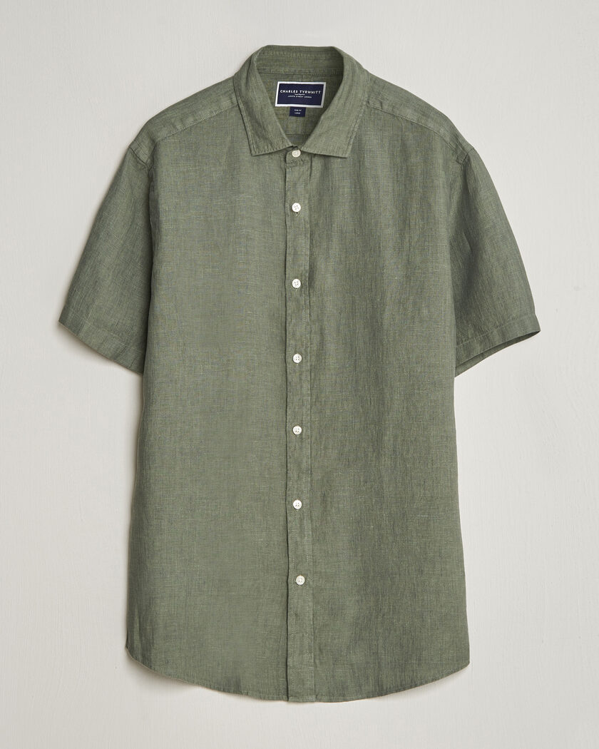 Charles Tyrwhitt Pure Linen Short Sleeve Slim Fit Shirt Olive – Groen