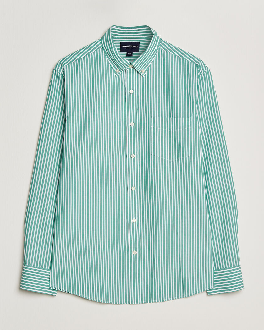 Charles Tyrwhitt Button Down Stretch Poplin Shirt Green Stripe – Vert