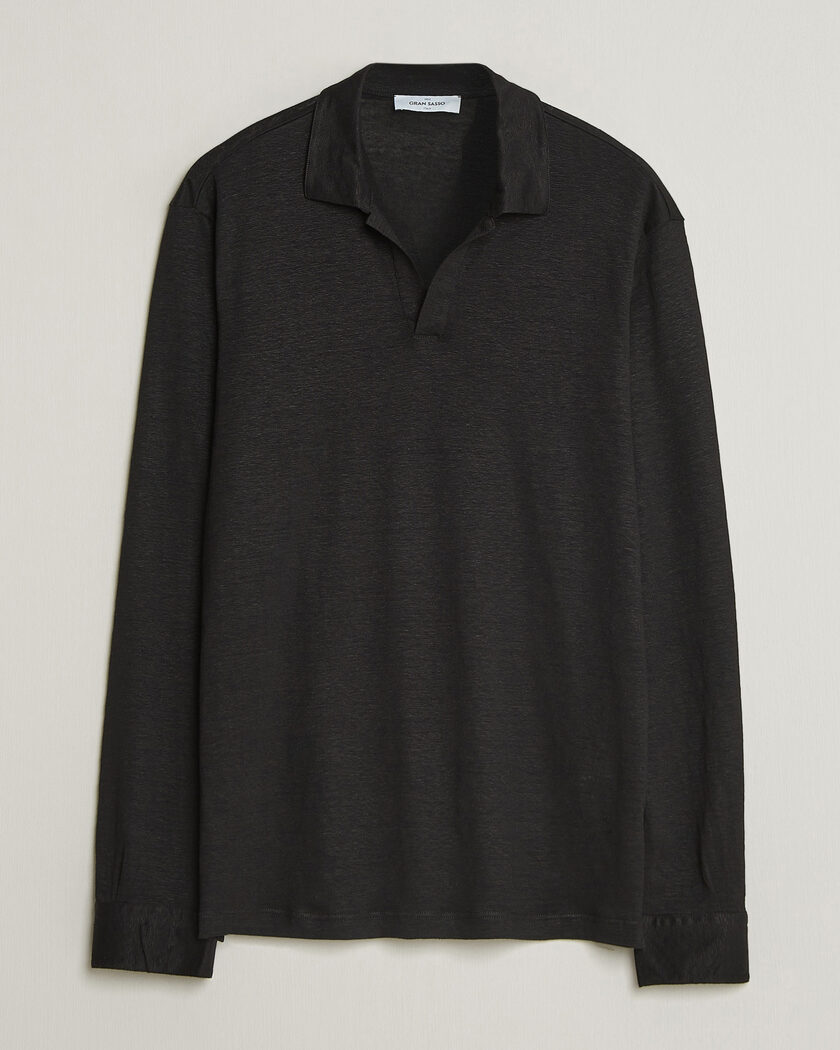 Gran Sasso Washed Linen Long Sleeve Polo Black – Zwart